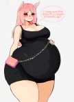  animal_humanoid belly big_belly blue_eyes blush breasts cat_humanoid cleavage clothed clothing dialogue dress english_text feline female hair humanoid instant-girl mammal overweight pink_hair portrait purse simple_background speech_bubble text three-quarter_portrait white_background 