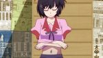  1girl 3: animated animated_gif black_hair bra breasts cleavage collarbone eyes_closed hanekawa_tsubasa medium_breasts monogatari_(series) monogatari_s2 navel purple_eyes school_uniform shaft shirt shirt_lift short_hair skirt solo sports_bra underboob underwear undressing 