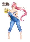  bare_shoulders barefoot breasts collarbone commentary_request flower gang_of_heaven hair_flower hair_ornament holding large_breasts lips logo long_hair looking_at_viewer masami_chie naked_overalls nipples off_shoulder official_art overalls parted_lips pink_eyes pink_hair ponytail shiny shiny_hair shiny_skin simple_background solo standing sunflower toes very_long_hair white_background 