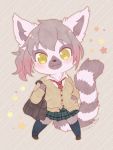  1girl black_hair briefcase furry lemur open_mouth school_uniform shmabo short_hair solo tie yellow_eyes 