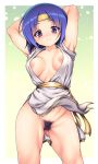  alternate_color armpits arms_behind_head arms_up ass_visible_through_thighs bangs bare_arms belt blue_hair blue_pubic_hair blush breasts breasts_apart breasts_outside censored center_opening closed_mouth collarbone colored_pubic_hair contrapposto excessive_pubic_hair eyebrows_visible_through_hair from_below gradient gradient_background green_background groin head_tilt headband highres legs_apart looking_at_viewer looking_down medium_breasts mosaic_censoring navel nipples no_bra no_panties ohgaki_m open_clothes open_shirt parted_bangs pubic_hair purple_eyes ryuuko_no_ken shiny shiny_hair shiny_skin shirt short_hair shorts sleeveless sleeveless_shirt smile solo standing the_king_of_fighters thighs toned white_background white_shirt wind wind_lift yellow_headband yuri_sakazaki 