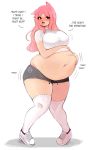  animal_humanoid belly big_belly blue_eyes blush cat_humanoid clothed clothing dialogue english_text feline female footwear hair humanoid instant-girl mammal motion_lines overweight pink_hair shoes shorts simple_background sound_effects text white_background 