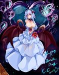  2017 blue_dress blue_hair blush breasts cleavage closed_mouth collar collarbone dress eyebrows_visible_through_hair happy_birthday heart large_breasts looking_at_viewer monster_girl_encyclopedia navel pointy_ears red_eyes short_hair smile solo wilmarina_noscrim wings yu_(yoki) 
