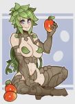  apple bangs blue_background blue_eyes breasts dryad eyebrows_visible_through_hair food fruit green_hair highres indian_style kii_(monster_musume) large_breasts leaf long_hair looking_at_viewer monster_girl monster_musume_no_iru_nichijou navel nude plant plant_girl plant_hair sidelocks sitting smile solo splashbrush vines 