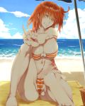  ahoge beach beach_towel beach_umbrella bikini blue_sky breasts cameltoe cloud collarbone commentary_request covered_nipples day earrings eyes_visible_through_hair fate/grand_order fate_(series) fingernails fujimaru_ritsuka_(female) hair_ornament hair_over_eyes hair_scrunchie hazuki_(5170712) highres jewelry large_breasts long_fingernails looking_at_viewer navel one_side_up orange_hair outdoors sand scar scrunchie side_ponytail sitting sky smile solo stomach striped striped_bikini swimsuit towel umbrella v water yellow_eyes 