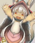  blush brown_eyes eyebrows_visible_through_hair fangs furry long_hair looking_at_viewer made_in_abyss nanachi_(made_in_abyss) open_mouth smile solo tsuji upper_body white_hair 