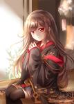 brown_hair chiroyo commission day eyebrows_visible_through_hair japanese_clothes kimono long_hair looking_at_viewer original red_eyes sitting solo thighhighs watermark wind 