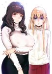  2girls bangs black_skirt blonde_hair blue_eyes blunt_bangs blush breast_envy breast_hold breasts brown_eyes brown_hair cowboy_shot erect_nipples eyebrows eyebrows_visible_through_hair flat_chest hair_between_eyes hair_in_mouth hair_over_shoulder highres iku_(ikuchan_kaoru) large_breasts long_hair long_sleeves looking_at_viewer matching_hair/eyes motion_lines multiple_girls original parted_lips puffy_nipples red_skirt ribbed_sweater sidelocks simple_background skirt standing sweater turtleneck turtleneck_sweater twintails white_background 