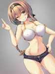  alternate_costume bikini bikini_under_clothes braid breasts cleavage commentary_request covered_nipples denim denim_shorts dutch_angle grey_background grey_eyes hachimaki hand_on_hip hand_up headband highres index_finger_raised kantai_collection large_breasts licking_lips light_brown_hair long_hair micro_shorts narrow_waist one_eye_closed shorts smile solo standing swimsuit teruzuki_(kantai_collection) toned tongue tongue_out torisan twin_braids very_long_hair 