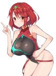  absurdres artist_name bare_arms bare_shoulders blush breasts closed_mouth covered_collarbone covered_nipples cowboy_shot eyebrows_visible_through_hair gold_trim goyain groin highres homura_(xenoblade_2) index_finger_raised large_breasts looking_at_viewer neon_trim one-piece_swimsuit orange_eyes red_hair short_hair simple_background smile solo swimsuit thighs tiara white_background xenoblade_(series) xenoblade_2 