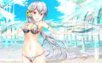  :d aqua architecture armpits bangs bare_shoulders beach bikini blue_sky blush breasts cleavage cloud cloudy_sky collarbone commentary_request day eyebrows_visible_through_hair flower girlfriend_(kari) grey_hair groin hair_flower hair_ornament highres holding jewelry long_hair masa_(mirage77) medium_breasts multicolored multicolored_bikini multicolored_clothes navel necklace ocean open_mouth outdoors partial_commentary ponytail red_eyes shawl shigeto_akiho silver_hair sky smile solo sparkle standing sunflower swimsuit wallpaper yellow_flower 