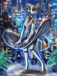  2018 4_toes 5_fingers anthro blue_eyes blurred_background brown_fur canine city clothed clothing detailed_background digital_media_(artwork) dog dress female flashw fur mammal open_mouth smile solo toes 