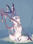  2018 anthro antlers blue_eyes blush butt cervine electrycpynk female holding_object horn looking_at_viewer looking_back mammal signature simple_background siting sitting solo 