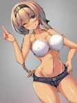  alternate_costume bikini bikini_tan bikini_under_clothes braid breasts cleavage contrapposto covered_nipples denim denim_shorts dutch_angle grey_background grey_eyes hachimaki hand_on_hip hand_up headband heart heart-shaped_pupils highres index_finger_raised kantai_collection large_breasts licking_lips light_brown_hair long_hair micro_shorts narrow_waist one_eye_closed shorts smile solo standing swimsuit symbol-shaped_pupils tan tanline teruzuki_(kantai_collection) toned tongue tongue_out torisan twin_braids very_long_hair wide_hips 