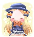  abigail_williams_(fate/grand_order) bangs black_bow black_dress black_footwear black_hat blonde_hair bloomers blush bow bug butterfly chibi closed_eyes commentary_request covered_mouth dress facing_viewer fate/grand_order fate_(series) forehead full_body hair_bow hat heart insect long_hair long_sleeves object_hug orange_bow parted_bangs polka_dot polka_dot_bow shoes sitting sleeves_past_fingers sleeves_past_wrists solo stuffed_animal stuffed_toy teddy_bear tenmai_miwa underwear very_long_hair wariza white_bloomers 