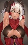  absurdres ahoge armpits arms_up black_bow bow breasts commentary_request dark_skin eyebrows_visible_through_hair fate/grand_order fate_(series) hair_bow hair_ornament highres large_breasts looking_at_viewer okita_souji_(alter)_(fate) okita_souji_(fate)_(all) red_scarf scarf short_hair skysign_ft solo upper_body white_hair yellow_eyes 