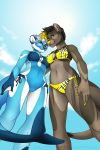  2015 5_fingers anthro athletic beauty_mark big_breasts bikini biped black_fur black_hair black_tail blonde_hair blue_clothing blue_fur blue_tail breasts brown_countershading brown_eyes brown_fur brown_tail cetacean claws cleavage clothed clothing cloud cloudscape countershade_arms countershade_face countershade_legs countershade_torso countershading digital_drawing_(artwork) digital_media_(artwork) dipstick_tail duo euplerid female fin fossa fur gem gloves_(marking) grey_hair grey_nose hair herpestid humanoid_hands hybrid inkmaven inner_ear_fluff jewelry lighting long_tail looking_at_viewer looking_down low-angle_view mammal marine markings meerkat midriff mole_(marking) mongoose multicolored_fur multicolored_hair multicolored_tail navel necklace one-piece_swimsuit orca otter_(inkmaven) oura_(inkmaven) pattern_clothing pinup portrait pose sapphire_(gem) shadow short_hair side-tie_bikini sky smile snout solo standing striped_clothing swimsuit tail_fin three-quarter_portrait two_tone_fur two_tone_hair two_tone_tail url webbed_hands whale white_countershading white_fur yellow_claws yellow_clothing yellow_eyes yellow_nose 