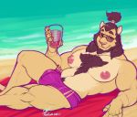  anthro beard beverage bulge clothing eyewear facial_hair feline lion looking_at_viewer male mammal marlon.cores muscular muscular_male pecs pubes smile solo sunglasses swimming_trunks swimsuit 