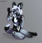  2018 5_fingers african_wild_dog aimee-lesley-sim anthro black_fur blue_eyes breasts canine enya featureless_breasts female fur grey_background grey_fur hair mammal nude simple_background sitting smile solo white_hair 