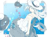  blue_eyes chest_strap dress glowing glowing_eyes hat kantai_collection lifebuoy long_hair looking_at_viewer ninimo_nimo pale_skin shinkaisei-kan smile solo submarine_new_hime sundress torpedo white_dress white_hair white_skin 