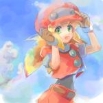  :d belt blonde_hair blush brown_gloves buttons cabbie_hat cloud commentary_request day dinef gloves green_eyes hat long_hair open_mouth rockman rockman_dash roll_caskett short_sleeves shorts sky smile solo upper_body 