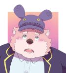  2018 anthro bear blush clothed clothing fur hat jambavan male mammal pink_fur shirt slightly_chubby solo tokyo_afterschool_summoners watoson 