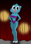  :d a-fitzga anthro big_breasts bikini blue_fur breasts cartoon_network cat cleavage clothed clothing curtains feline female fur hands_on_hips inside looking_at_viewer mammal mature_female navel nicole_watterson open_mouth smile solo stage swimsuit the_amazing_world_of_gumball under_boob whiskers 