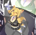 1girl black_clothes blonde_hair concert finger fox furry gloves glowstick idol letsuo light one_eye_closed open_mouth pointing pointing_up short_hair skirts solo stage thighhighs tie white_legwear wink 