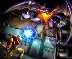  absurd_res alien armor battle claws dragon female fire helmet hi_res human male mammal metroid metroid_(species) nintendo open_mouth red_eyes ridley samus_aran scarvii signature size_difference video_games weapon wings 