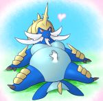  &lt;3 belly belly_rub big_belly blue_body blush breasts claws cute disembodied_hand duo facial_hair featureless_crotch female grass horn lying mammal mustelid nintendo on_back outside overweight overweight_female pok&eacute;mon pok&eacute;mon_(species) samurott sky smile solo_focus spread_legs spreading video_games 晴龍 