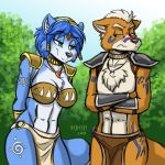  2018 abs annoyed anthro armor black_nose blue_eyes blue_fur blue_hair blush bodypaint bra breasts canine chest_tuft choker circlet cleavage clothed clothing crossed_arms digital_media_(artwork) duo face_paint female fox fox_mccloud frown fur hair half-closed_eyes hands_behind_back headband heresy_(artist) jewelry krystal loincloth male mammal midriff multicolored_fur navel necklace nintendo orange_fur outside shoulder_pads signature smile standing star_fox tailband tattoo toes tree tribal tribal_tattoo tuft two_tone_fur underwear video_games water white_fur white_hair 