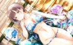  aqua_bow bare_arms bare_shoulders blue_bra blue_flower blue_panties blush bouquet bow bow_bra bra breasts breasts_apart brown_eyes brown_hair collarbone commentary_request eyebrows_visible_through_hair flower girlfriend_(kari) groin highres indoors lace lace-trimmed_bra lace-trimmed_panties long_hair looking_at_viewer lying masa_(mirage77) medium_breasts navel on_back on_floor panties panty_pull partial_commentary petals purple_flower sanjou_yae solo sparkle tatami thighs underwear underwear_only wallpaper water_drop 