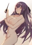  absurdres bangs blush breasts collarbone fate/grand_order fate_(series) hair_between_eyes highres jewelry koeru large_breasts long_hair looking_at_viewer navel nipples nude pout purple_hair red_eyes scathach_(fate)_(all) scathach_skadi_(fate/grand_order) simple_background solo tiara wand 