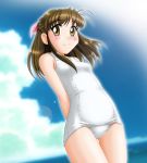  antenna_hair arms_behind_back blue_sky blush bow braid breasts brown_eyes brown_hair cloud day hair_bow katsuragi_ayane long_hair looking_at_viewer neopure one-piece_swimsuit outdoors pink_bow school_swimsuit sidelocks sky small_breasts smile solo standing swimsuit true_love_story white_school_swimsuit white_swimsuit 