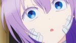  1girl animated animated_gif bandage bandaged_neck blue_eyes creepy earrings happy_sugar_life jewelry purple_hair satou&#039;s_aunt 