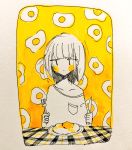  abstract bangs blush_stickers breakfast breast_pocket clenched_hand commentary eguchi_saan english_commentary fork fried_egg greyscale highres knife marker_(medium) monochrome morning off-shoulder_shirt original paper_(medium) pen_(medium) photo plaid plate pocket shirt short_hair solo table tablecloth traditional_media yellow_blush 