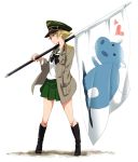  black_footwear black_neckwear blonde_hair boots bow bowtie brown_eyes brown_jacket carrying_over_shoulder closed_mouth commentary emblem erwin_(girls_und_panzer) flag full_body girls_und_panzer goggles goggles_on_headwear green_hat hand_in_pocket hat heart hippopotamus holding holding_flag jacket long_sleeves looking_to_the_side military_hat military_jacket ooarai_school_uniform open_clothes open_jacket peaked_cap pointy_hair short_hair smile solo sonasiz standing white_background 