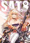  bangs bare_shoulders blonde_hair blush boots breasts character_name cleavage collarbone commentary_request eyebrows_visible_through_hair eyewear_removed girls_frontline gloves green_eyes gun hair_between_eyes hairband highres holding holding_gun holding_weapon italian_flag_neckwear jacket jiji_(pixiv10646874) long_hair looking_at_viewer machinery messy_hair off_shoulder on_motorcycle open_clothes open_jacket open_mouth orange_eyewear orange_hairband partly_fingerless_gloves pleated_skirt s.a.t.8_(girls_frontline) scarf shield shotgun sidelocks sitting skirt smile solo strapless sunglasses thigh_boots thighhighs tubetop very_long_hair weapon white_footwear white_skirt 