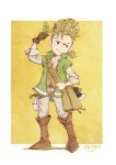  1boy alfyn_greengrass bag blonde_hair chibi commentary_request jacket long_hair male_focus octopath_traveler octopath_traveler_i ponytail shouta_(shbz) smile solo 