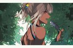  altera_(fate) arlizi back_tattoo bare_shoulders bush dark_skin eyebrows_visible_through_hair fate/grand_order fate_(series) food grey_hair hair_ornament hairclip holding holding_food ice_cream leaf open_mouth popsicle red_eyes sideways_glance solo tan tattoo tied_hair tree 