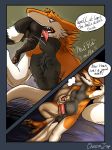  ambiguous_gender ambiguous_prey anthro bed brown_fur canine comic english_text erection fur male male_pred mammal nude penis piercing sergal text thesoldierofspades vore 