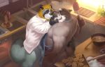  2018 alpha0 anthro apron balls butt canine clothing colson cooking duo eyes_closed humanoid_hands kissing kitchen male mammal overweight overweight_male penis shirt tanuki 