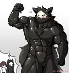  &lt;3 anthro biped black_fur blush canine changed_(video_game) daydream duo eyes_closed flexing fluffy fur goo_creature hi_res huge_tail human lin_(changed) male mammal mask monster muscular muscular_male nude primodrago puro_(changed) rubber simple_background standing white_background wolf 