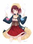  atelier_(series) atelier_sophie bangs blue_coat blush breasts brown_eyes brown_hair closed_mouth coat collarbone commentary_request corset cowboy_shot eyebrows_visible_through_hair frilled_skirt frills hands_up head_scarf holding jewelry long_sleeves open_clothes open_coat pendant pleated_skirt puririn red_skirt round-bottom_flask shirt signature skirt small_breasts smile smoke solo sophie_neuenmuller twitter_username white_shirt wide_sleeves 