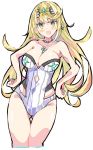  angry bangs bare_shoulders blonde_hair blush breasts cleavage enpe highres hikari_(xenoblade_2) jewelry large_breasts long_hair looking_at_viewer one-piece_swimsuit simple_background solo swimsuit white_background xenoblade_(series) xenoblade_2 yellow_eyes 
