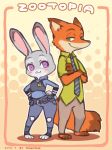  2016 abstract_background anthro barefoot blush border canine clothed clothing crossed_arms disney duo english_text female fox fur green_eyes grey_fur hands_on_hips judy_hopps lagomorph male mammal necktie nick_wilde orange_fur pants paws police_uniform purple_eyes rabbit shigatake shirt smile text uniform zootopia 