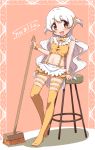  absurdres blush breasts broom groin highres long_hair mahou_shoujo_madoka_magica midriff momoe_nagisa navel open_mouth orange_background orange_legwear panties side-tie_panties simple_background small_breasts smile solo thighhighs underwear white_hair yanmaami yellow_eyes 