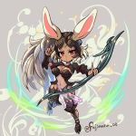  animal_ears bow_(weapon) breasts bunny_ears cleavage dark_skin final_fantasy final_fantasy_xii fingernails fran fujimaru_(green_sparrow) full_body helmet holding holding_bow_(weapon) holding_weapon large_breasts long_fingernails long_hair looking_at_viewer lowres navel orange_eyes ponytail see-through solo twitter_username very_long_hair viera weapon white_hair 