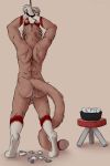  2018 4_toes after_sex anthro anus arms_above_head athletic back_muscles backsack balls bdsm big_tail bondage bound brown_background brown_fur butt condom cum_filled_condom digital_media_(artwork) digitigrade dipstick_tail feline filled_condom fur gloves_(marking) hands_tied khajiit light_bondage lomethoron lynx male mammal marjani markings multicolored_fur multicolored_tail nude public_use rear_view red_fur rope rope_bondage simple_background solo standing the_elder_scrolls toes two_tone_fur video_games whiskers white_fur 