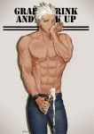  abs alcohol archer bare_chest beer beer_bottle dark_skin dark_skinned_male fate_(series) g0ringo licking_hand male_focus one_eye_closed pants phallic_symbol sexually_suggestive simple_background solo spilling toned toned_male watch white_hair wristwatch 